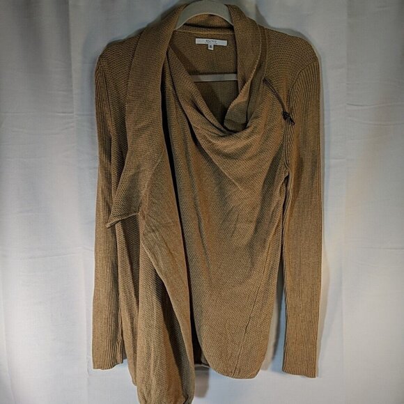 Alfred Sung Full Zip Sweater Womens M Medium Tan Beige Brown Cowl Long Sleeve - Picture 6 of 14